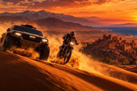 Una moto de rally y un 4x4 corren por las dunas marroquíes al atardecer, con el pueblo y el mar al fondo: el Dakar 2027 regresa a África
